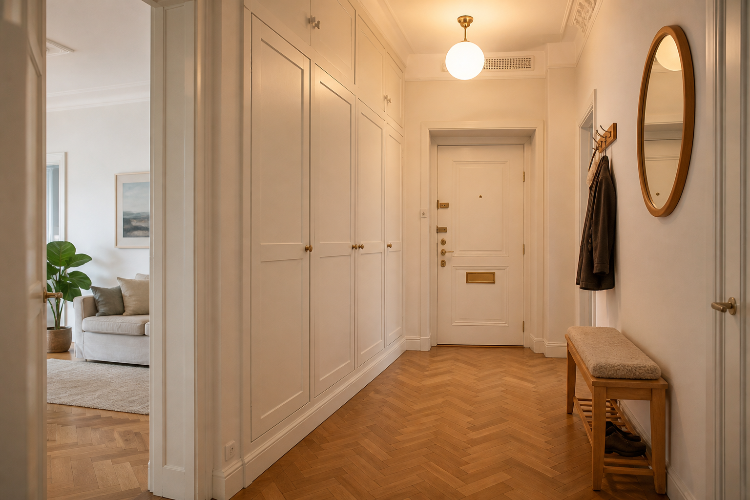 Hall med platsbyggda garderober